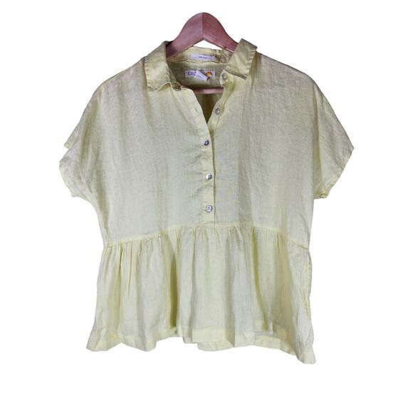 C&C Yellow 100% Linen Peplum Beachy Coastal Casual Short Sleeve Top SZ S - Picture 1 of 7